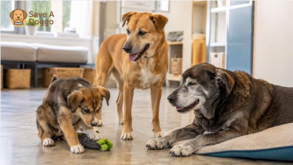 puppy, adult rescue dog, and senior rescue dog sitting with prospective adopters