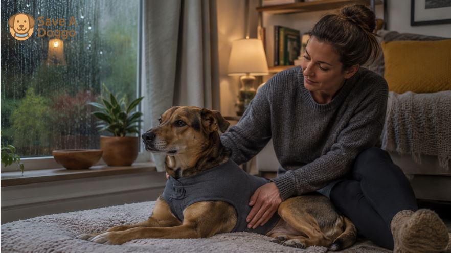 rescue dog wearing a snug anxiety wrap beside its owner during a rainy evening