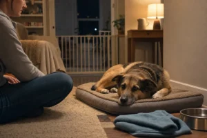 First night with a rescue dog: newly adopted dog resting on a bed in a safe home