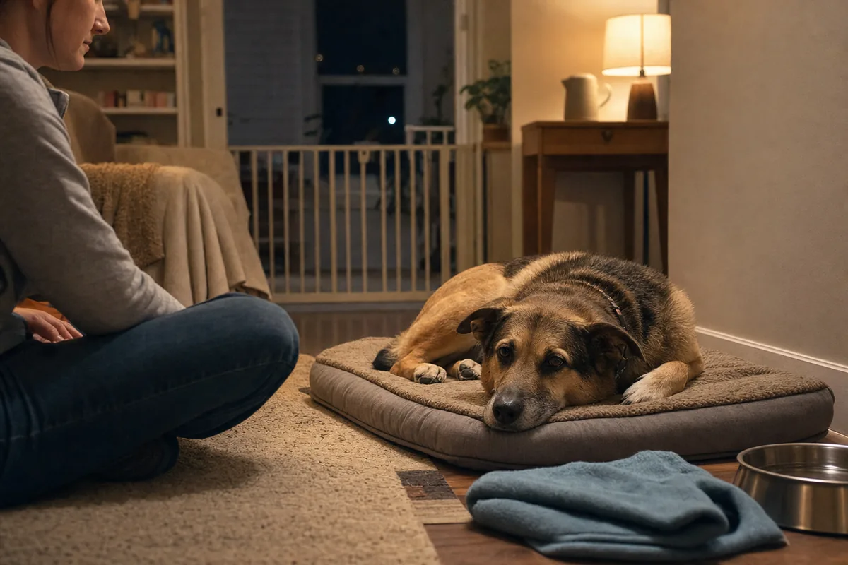 First night with a rescue dog: newly adopted dog resting on a bed in a safe home