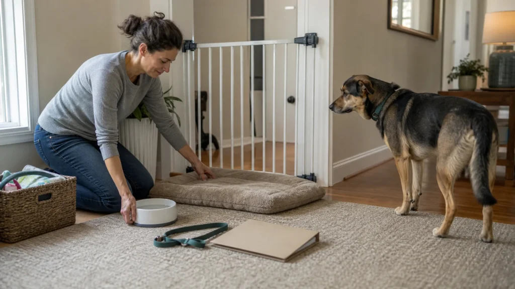 A foster caregiver prepares a quiet, gated resting area for a new foster dog.