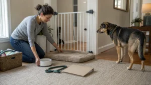 A foster caregiver prepares a quiet, gated resting area for a new foster dog.
