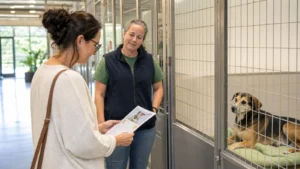 An adopter reviews a shelter dog profile with a staff member near the dog.
