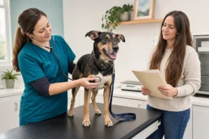 New rescue dog health checklist: veterinarian examining an adopted dog with its owner