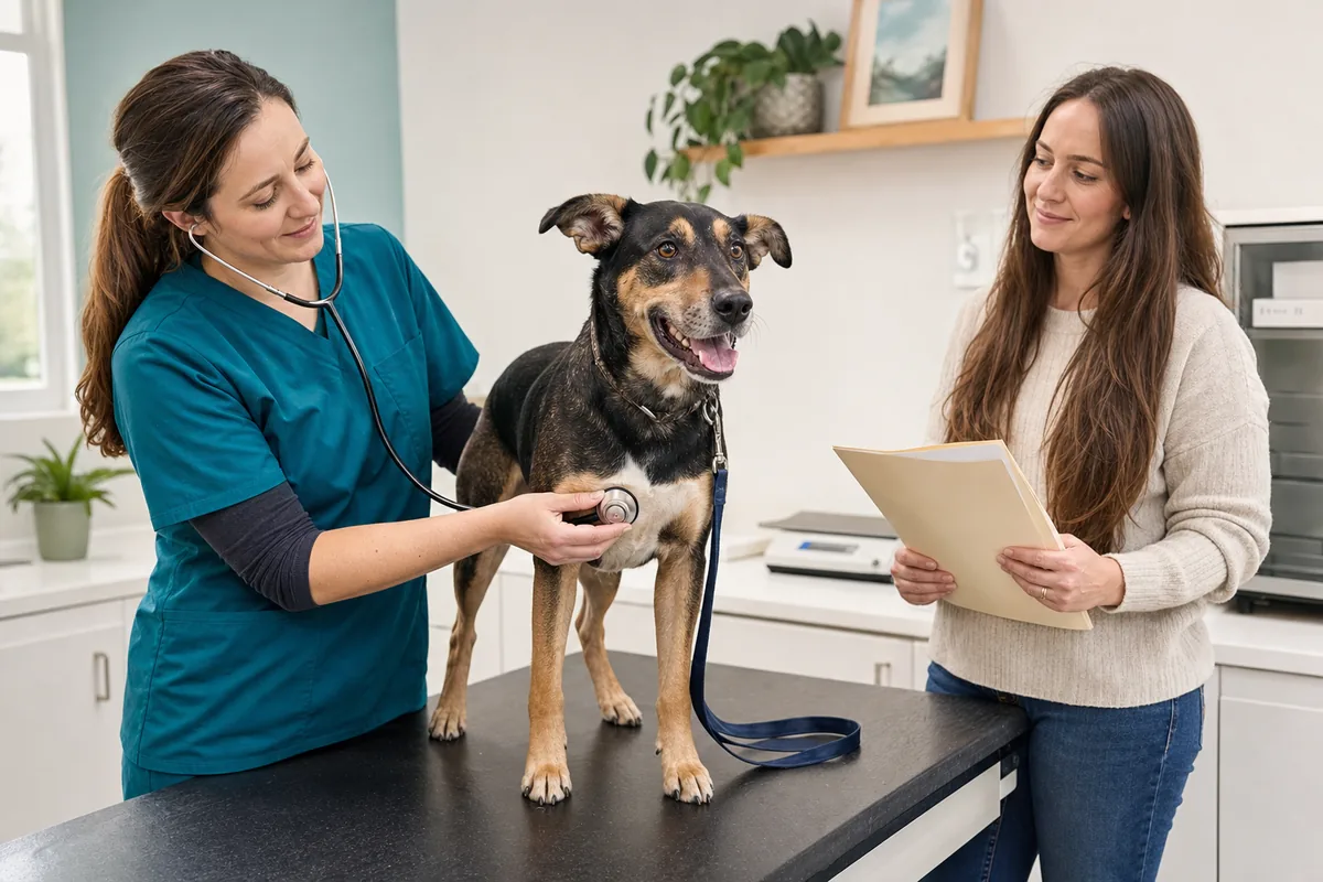New rescue dog health checklist: veterinarian examining an adopted dog with its owner