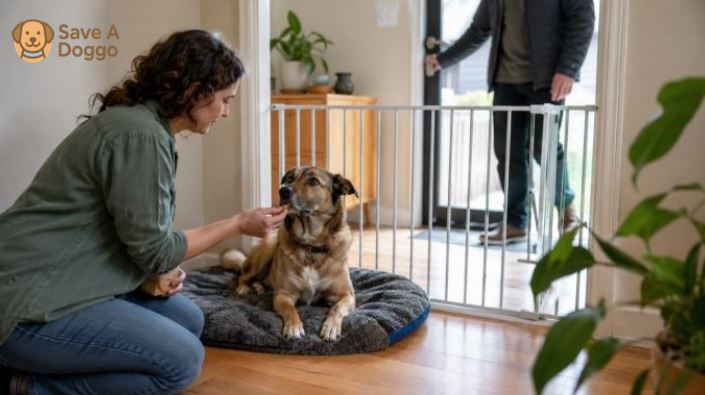 rescue dog barks at visitors doorway plan