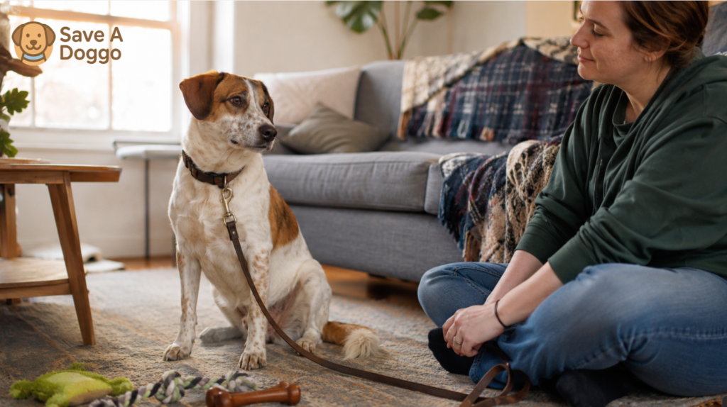 A rescue dog sitting calmly beside an adopter with a toy available and hands kept at a safe distance.