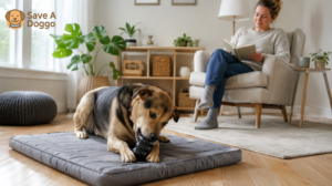 A rescue dog calmly chewing an appropriate toy in a tidy, dog-safe living room.