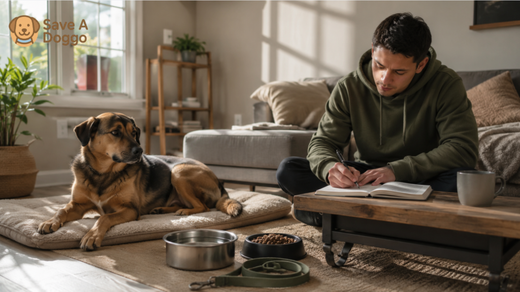 A newly adopted rescue dog resting beside its bowls, leash, and a written first-week schedule.