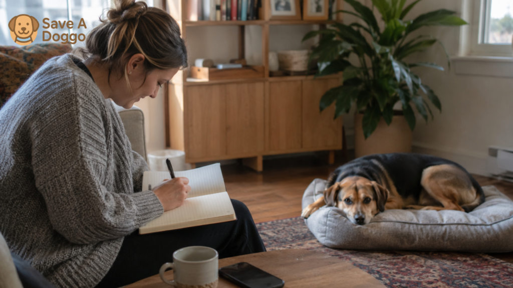 An adopter tracking behavior changes while a rescue dog rests calmly nearby.