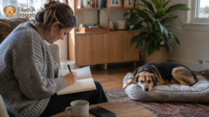 An adopter tracking behavior changes while a rescue dog rests calmly nearby.