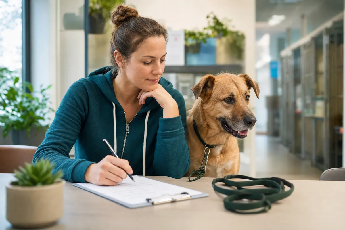 Prospective adopter completing a checklist beside an adult rescue dog at an animal shelter