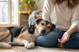 What rescue dogs teach us about patience and trust: a relaxed adopted dog rests beside its caregiver