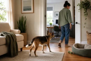Why does my rescue dog follow me everywhere? A relaxed adopted dog calmly follows its owner at home